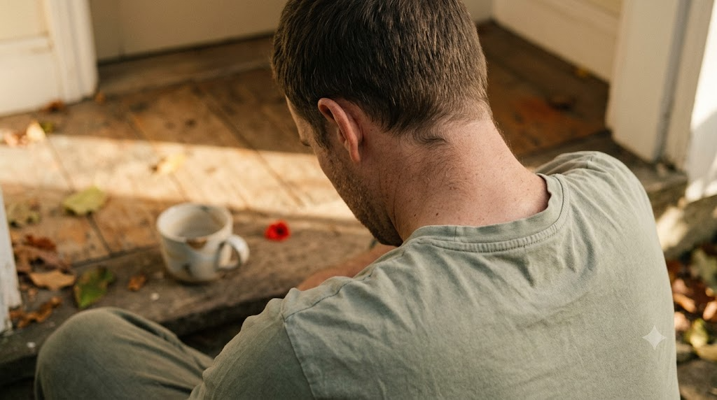 A person rolls their shoulders back and settles after a neck stretch, seen from behind on a low step.