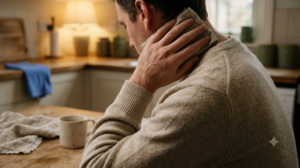A close, warm over-the-shoulder photograph of a person pressing a cold pack against the side of their neck at a kitchen table.