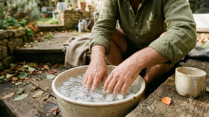 A pair of hands lowering into a tub of ice cold water on a low step outdoors.