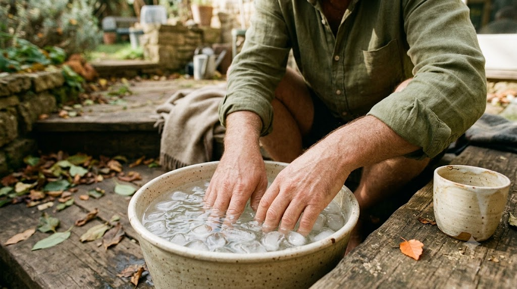 A pair of hands lowering into a tub of ice cold water on a low step outdoors.