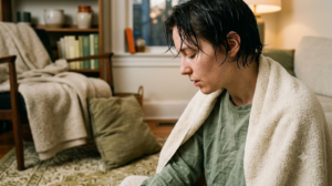 A close, warm photograph in profile of a person with wet hair and a towel around their shoulders breathing out slowly just after a cold shower.