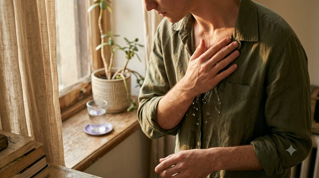 Seen from just above, a person splashes cold water over their collarbones by a sunlit windowsill.