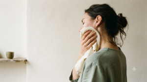A person in profile with eyes closed pressing a cold damp cloth against the side of their neck against a plain plastered wall.