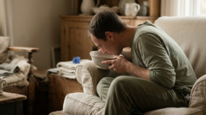 A person seated in profile in a deep armchair lowering their face towards a bowl of cold water in soft window light.