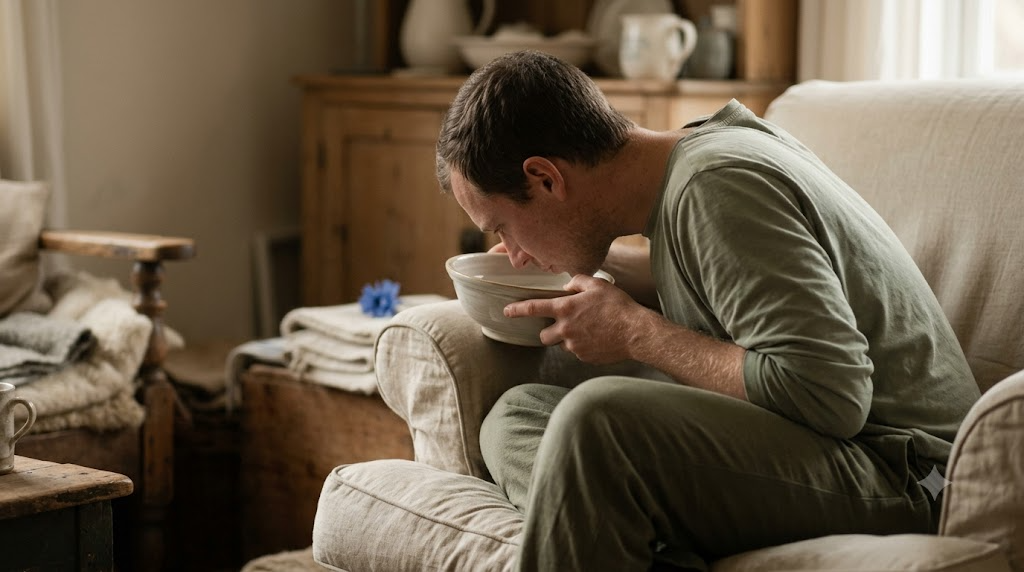 A person seated in profile in a deep armchair lowering their face towards a bowl of cold water in soft window light.