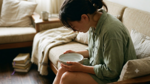 A person seated in profile lowering their face towards a bowl of cold water in soft window light.