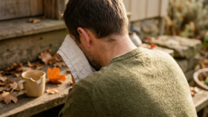 A person drying their face with a towel after cold water, seated on a low step outdoors.