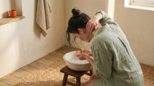 A person seen from behind, head and shoulders, splashing cold water over the back of their neck from a shallow basin in warm late afternoon light.