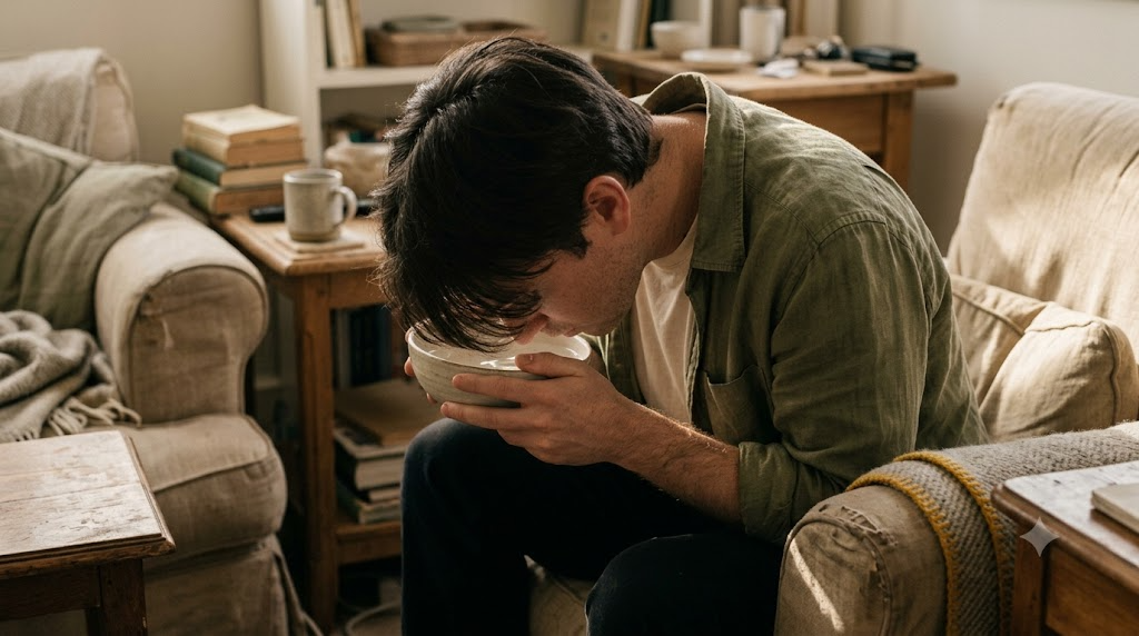 A person lowering their face towards a bowl of cold water in warm raking late afternoon light.
