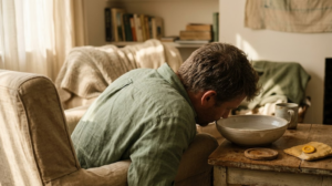 A person leans over a bowl of cold water in a sunlit room, face lowered and shoulders dropped.