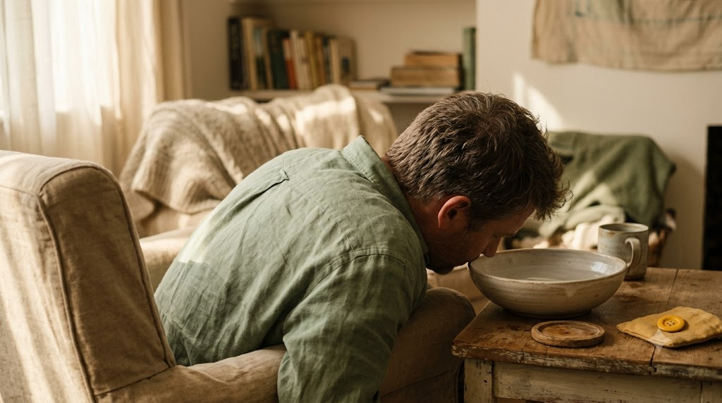 A person leans over a bowl of cold water in a sunlit room, face lowered and shoulders dropped.