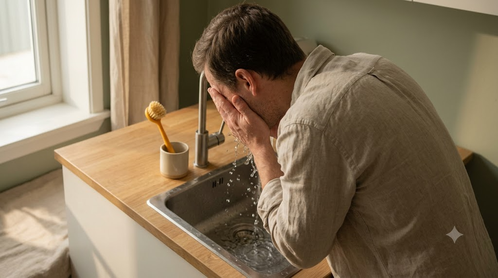 A person splashing cold water over their face at a sink in soft natural light.