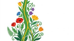 A flat folk-art vector illustration of the vagus nerve with poppies, tulips and ferns climbing around it on white.