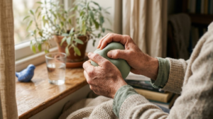 Close view of a pair of hands pressing a soft inflatable massage ball beside a windowsill with a leggy plant.