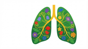 A flat vector folk-art illustration of a pair of human lungs with a spray of stylised flowers and leaves on a white background.