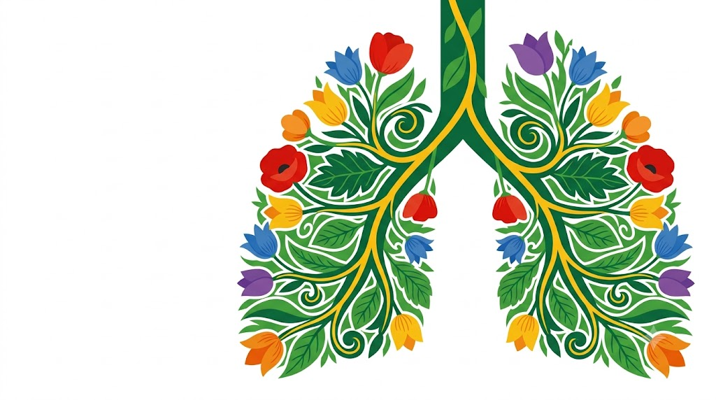 A flat vector folk-art illustration of a human bronchial tree on a white background.