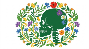 A flat folk-art illustration of the base of a skull joined to the top of the spine, encircled by a wreath of cornflowers, daisies and olive sprigs.