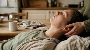 A person lying back while another person's hands rest lightly under the base of their skull, in a warm, lived-in room.