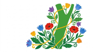 A flat folk-art illustration of a vagus nerve trunk with poppies, tulips and broad veined leaves climbing up around it.