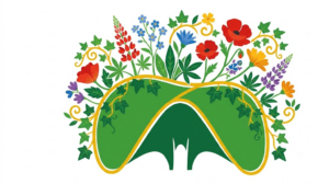 Flat vector illustration of the diaphragm surrounded by folk-art blooms and foliage.