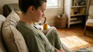 A person in profile in a deep armchair finishing a slow breathing exercise in morning sun.