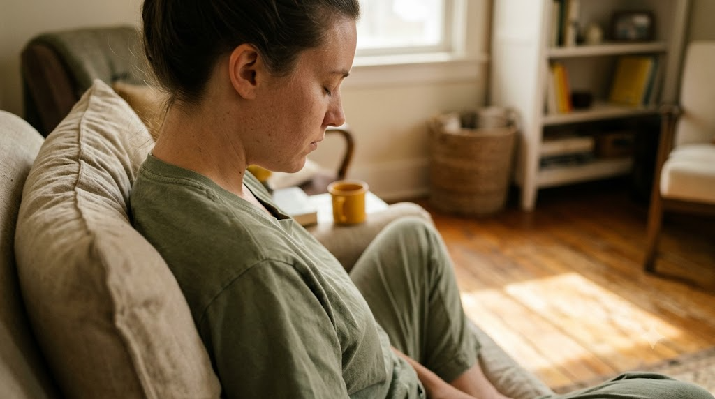 A person in profile in a deep armchair finishing a slow breathing exercise in morning sun.
