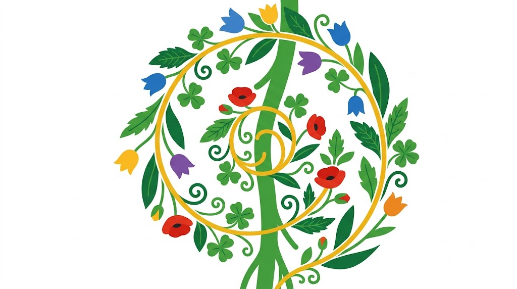 A flat vector folk-art illustration of a human vagus nerve surrounded by stylised flowers and a golden vine on a white background.