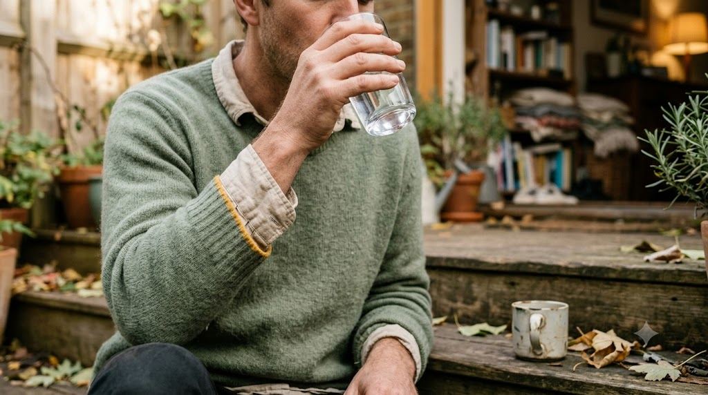 Close view from just above of hands raising a glass of cold water towards the lips, warm lamplight nearby.