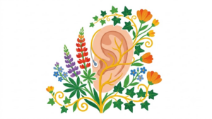 Flat vector folk-art illustration of a human ear with a small stimulation electrode on it, surrounded by stylised blooms and foliage on a white background.