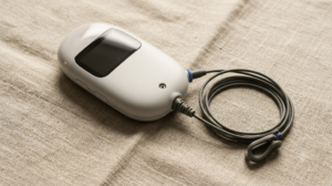 A small unbranded pebble shaped nerve stimulator with an ear clip on a coiled cable, photographed on slubby linen cloth.