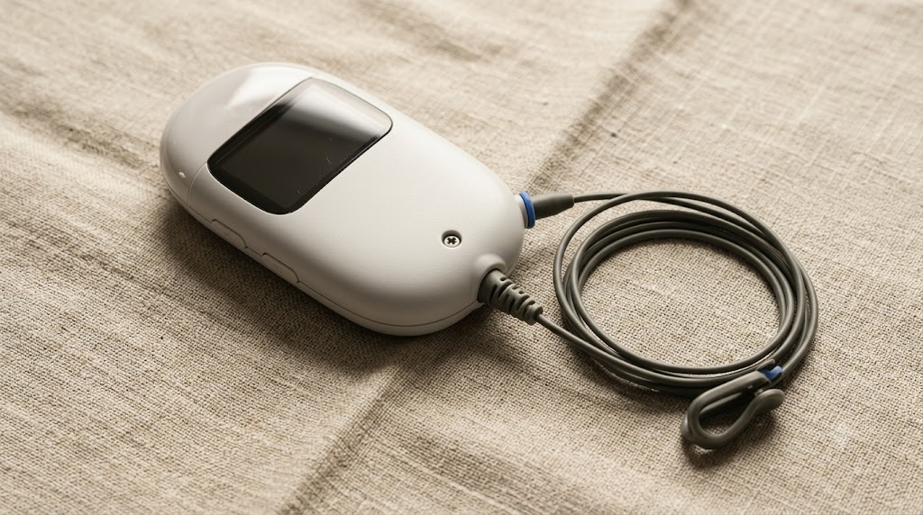 A small unbranded pebble shaped nerve stimulator with an ear clip on a coiled cable, photographed on slubby linen cloth.