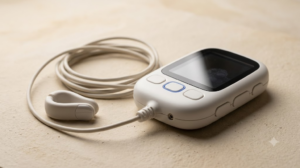 An unbranded ear-clip nerve stimulator with a thin cable and rounded control pod, photographed low on an unglazed clay tile.