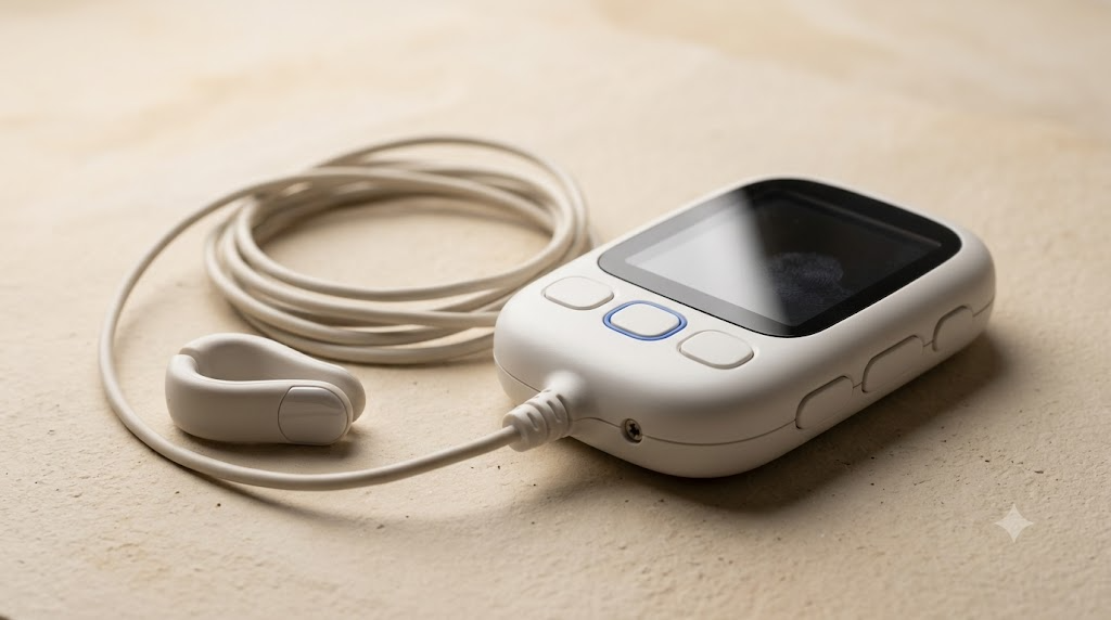 An unbranded ear-clip nerve stimulator with a thin cable and rounded control pod, photographed low on an unglazed clay tile.