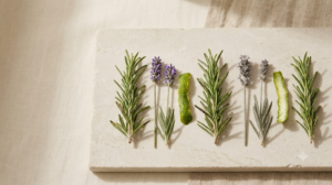 Sprigs of lavender and rosemary with strips of bergamot peel laid in a row on a pale stone slab.