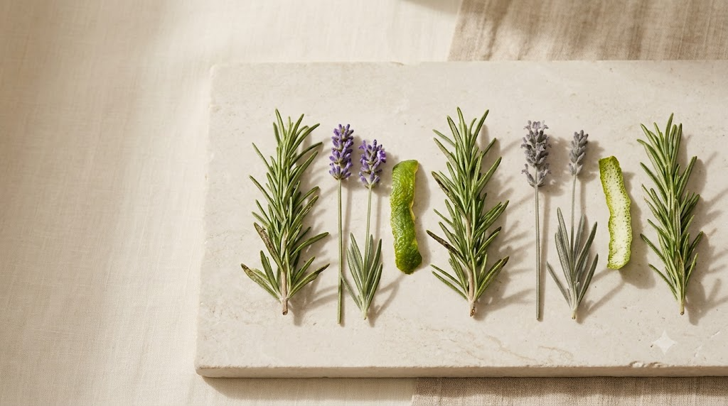 Sprigs of lavender and rosemary with strips of bergamot peel laid in a row on a pale stone slab.
