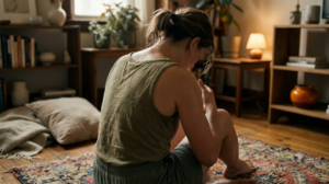 A person catching their breath after exercise with one hand resting on their chest, sitting on a worn rug in warm lamplight.
