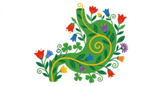 A flat folk-art vector illustration of a human stomach with bellflowers and asters climbing up around it.