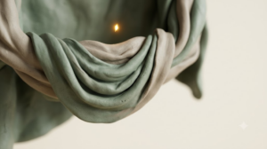 Macro clay study of sage and putty cloth draped over an unseen form, with a single golden spark glowing above the folds.