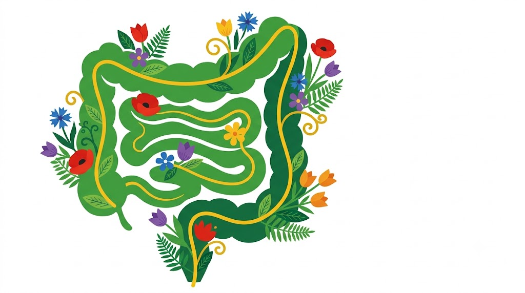 A flat folk-art vector illustration of a coiled human intestine wreathed in stylised flowers, ferns and a golden vine on a white background.
