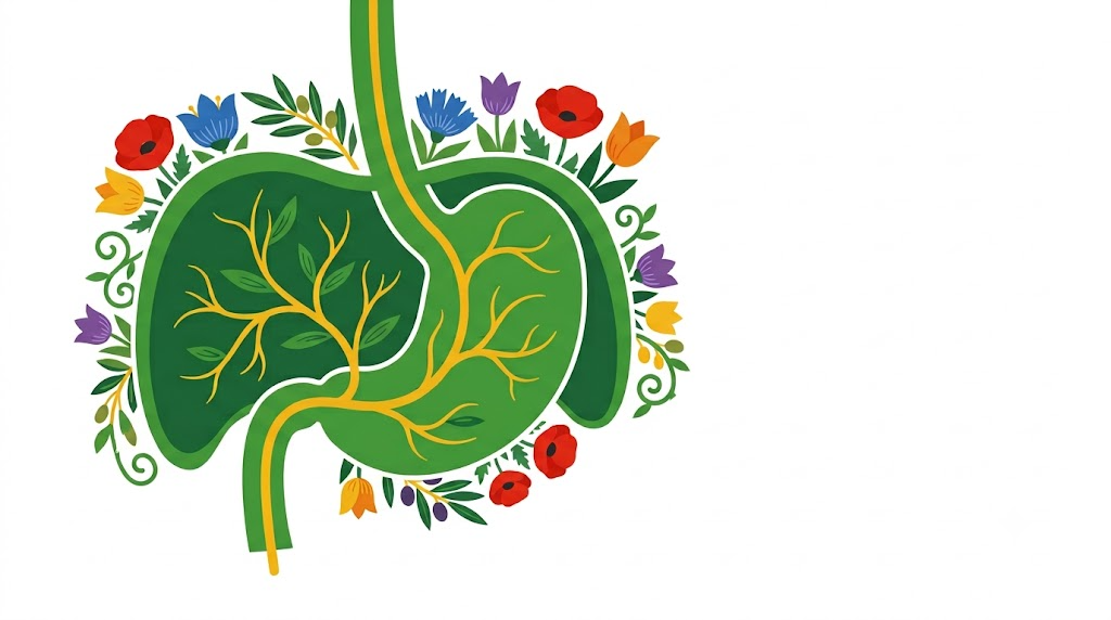 A flat folk-art vector illustration of a human diaphragm and upper stomach framed by stylised flowers and vines on white.