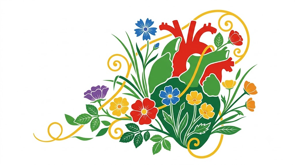 A flat folk-art illustration of a human heart with wild roses and buttercups climbing up around it from the base.