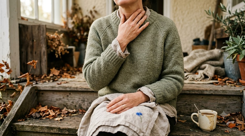 A person humming with their eyes closed and one hand flat on their throat in a warm, lived-in room.