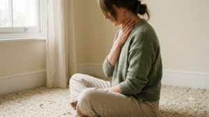 A person in a sage knit sweater sitting on a woven rug by a window, humming with one hand resting on their throat.