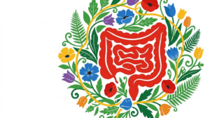 A flat folk-art vector illustration of a human intestine encircled by a wreath of poppies and tulips.