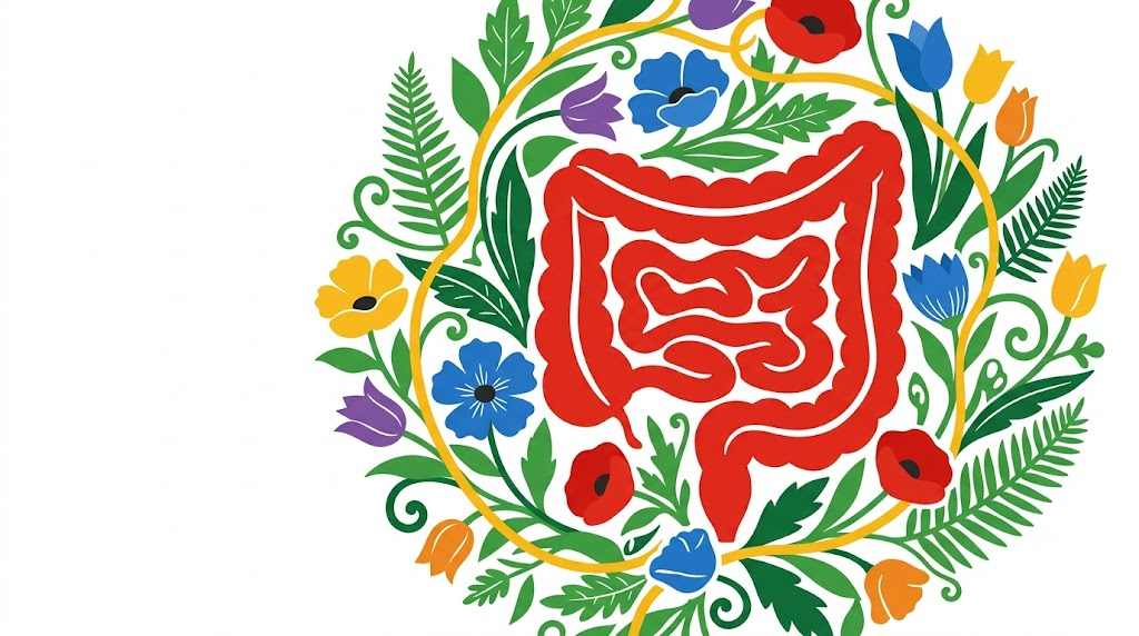 A flat folk-art vector illustration of a human intestine encircled by a wreath of poppies and tulips.