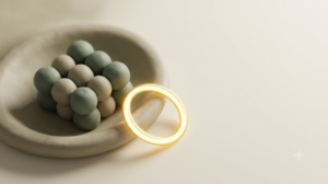 Macro clay basin holding a cluster of sage and putty spheres like ice, with a glowing golden ring resting beside them.