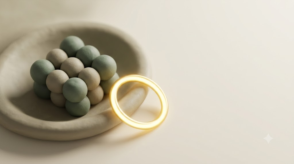 Macro clay basin holding a cluster of sage and putty spheres like ice, with a glowing golden ring resting beside them.