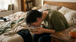 Seen from the side, a person seated on a rumpled bed lowers their face towards a bowl of ice water in warm morning light.