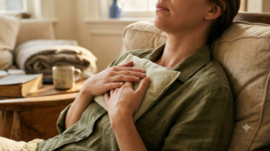A person resting a cold pack flat on the centre of their chest in a warm, lived-in room.