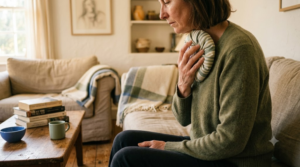 A person on a sofa holding a cloth-wrapped ice pack against the base of their throat in morning light.